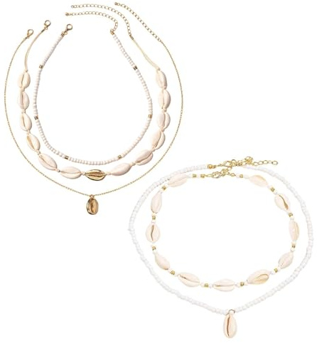 PjuQow 2 Stück Muschelketten, Muschel Halskette, Muschelkette Damen, Muschelketten für Strandurlaub und Sommerfestivals, Muschelkette Choker, Boho Kette Damen Set mit natürlichen Muscheln