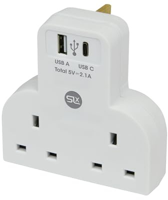 SLx Double Plug Adaptor with USB A and USB C 2.1A 2 Way Socket Extension Wall Charger Adapter 13A UK 3 Pin Power Socket for Bedroom Office Kitchen White