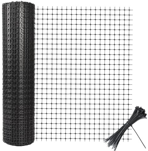 Yeria Plastic Garden Mesh Fencing 1m x 10m with 60 Cable Ties, Heavy Duty Temporary Fencing for Garden, Chicken & Pet Barrier, Plastic Netting Mesh Fence Roll for Vegetable & Plant Protection（Black）