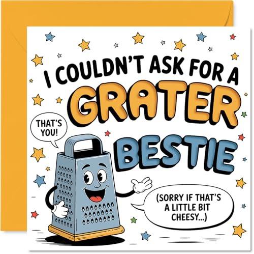 Funny Birthday Card for Bestie, Grate Mates Forever | Cheerful Grater Character with Punny Cheesy Caption, Perfect for Foodie Friendships, 145mm Square, Envelope Included