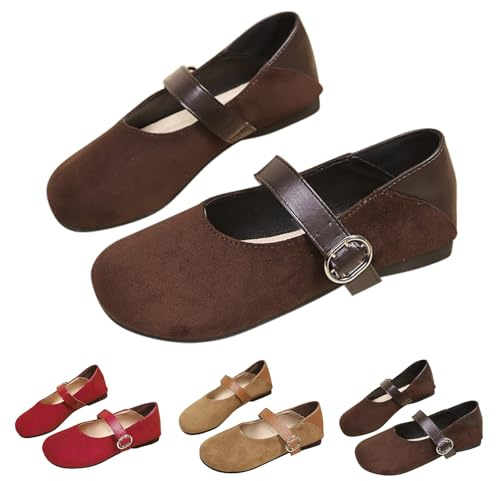 Mary Jane Scarpe basse da donna – Ballerina con cinghie, ballerine Flats Ballerine in pelle scamosciata scarpe leggere singole, comode scarpe tradizionali vintage eleganti sandali da donna, caffè, 40