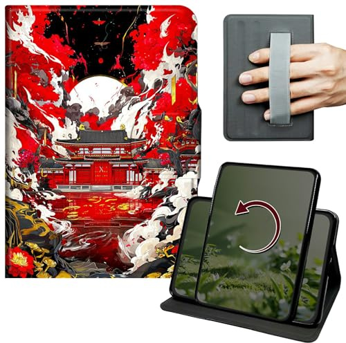 Dikoer Case for Amazon Kindle Fire HD 10 (9th/7th/5th Generation 2019/2017/2015 Release) 10.1, 360 Degree Rotation Lightweight PU Leather Stand Cover with Hand Strap for Women Men, Red Wave Pavilion