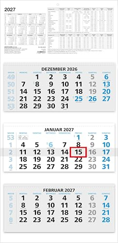 3-Monatskalender blau 2027: Wandkalender 32x70 cm mit 3 Monaten pro Blatt, Datumschieber, Wochenzählung, Feiertagen & Ferien ideal für Büro & Homeoffice | Wandkalender 32x70 cm mit 3 Monaten pro Blatt, Datumschieber, Wochenzählung, Feiertagen & Ferien ideal für Büro & Homeoffice