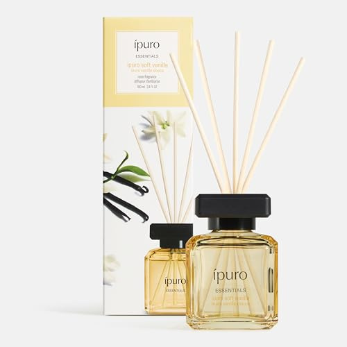 ipuro Essentials SOFT VANILLA Raumduft mit Stäbchen 100 ml - Raumerfrischer mit Vanille, Sandelholz, Lakritz, Pfirsichblüte & Karamell Duft Aroma - Diffuser mit Stäbchen - Lufterfrischer