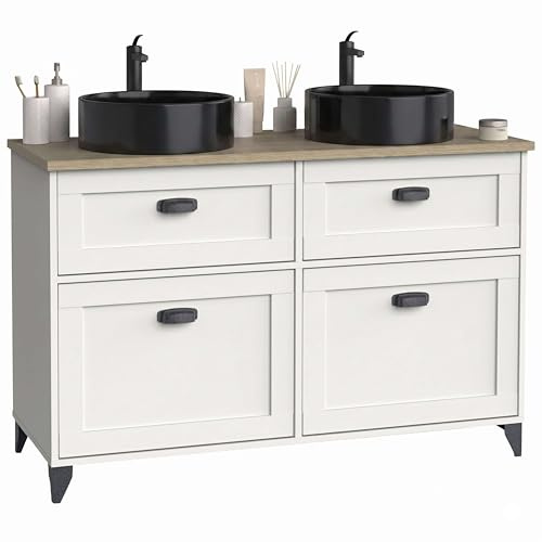 Miroytengo Mueble de Baño 120 cm Doble Toscana 2 Cajones y 2 Puertas Blanco y Roble Cambrian (con Lavabos Cerámicos)