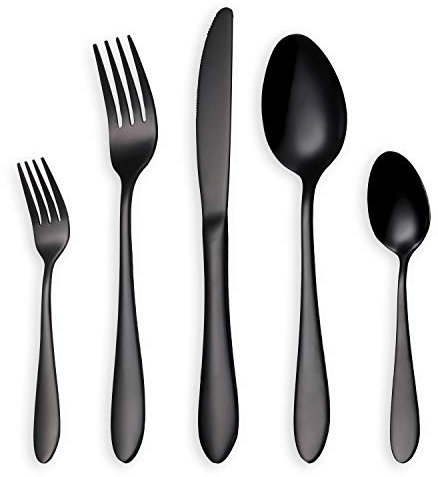 HOMQUEN Glänzend Schwarzes Besteck/Besteck Set, 30 Stück Edelstahl Messer Gabel Löffel Set für 6 Personen (schwarz, 6 Sets)