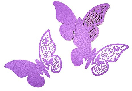 ElecMotive 100 Pcs Segnaposto Segnabicchiere Farfalla Carta Segnatavolo per Feste Matrimonio/Adesiv da Parete Decorazioni (Viola)