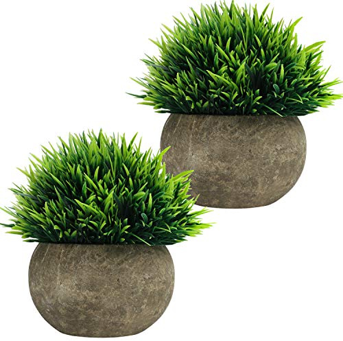 BELLE VOUS Mini Künstliche Pflanzen im Topf (2er Pack) Kunstpflanze Badezimmer Falsche Grüne Gras Sträucher in Grauem Topf - Kleine Kunstpflanzen für Indoor & Outdoor Dekopflanzen, Büro & Badezimmer