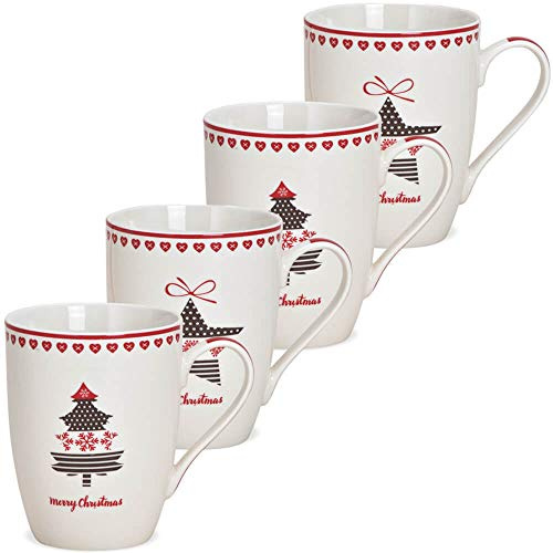 Tassen 4er Set Merry Xmas in weiß - Klassische Porzellan Kaffeebecher als Weihnachtstassen - Amerikanische Motiv Kaffeetassen für Weihnachten spülmaschinenfest und mikrowellengeeignet