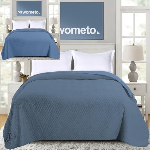 wometo Tagesdecke 220x240 Oeko-TEX Microfaser blau im Wende-Design | Bettüberwurf XXL wattiert gesteppt für Doppelbett Sofa Couch Bett