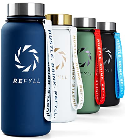 REFYLL X Thermo Trinkflasche Edelstahl “Power” 1L I 2 Verschlüsse I Doppelwandige Isolierflasche I 24H Kalt & 12H Heiß I BPA-Frei I Fitness Trinkflasche 1000ml für Kohlensäure geeignet
