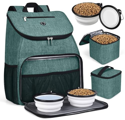 BAGLHER丨Dog Travel Bag, Airline Approved Pet Supplies Backpack, Dog Travel Backpack Accessories Set with 2 Silicone Collapsible Bowls and 2 Food Baskets. Green