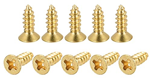 sourcing map Brass Wood Screws, M3x10mm Phillips Flat Head Self Tapping Connector for Door, Cabinet, Wooden Furniture 30Pcs