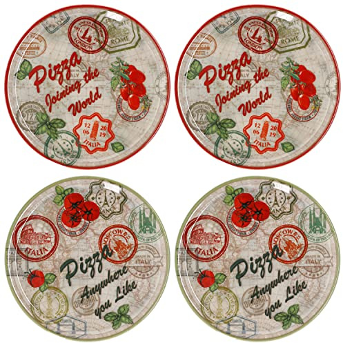 MamboCat Lot de 4 assiettes à pizza Moscou & Rome I Vert & rouge I Ø 33 cm – Grand I 4 personnes I Assiettes avec 2 motifs différents I Décorées I Pour pizzas ou pour présenter I Porcelaine