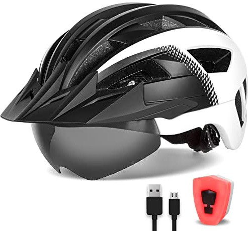 Funwict cykelhjälm med visir för män och kvinnor, lätt cykelhjälm med magnetiska glasögon och USB-laddning LED-ljus, snygg mountainbikehjälm storlek M/L/XL (XL: 59–63 cm, svart vit)