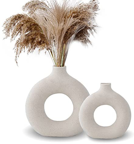 Kingbar Donut vase weiß für pampasgras, Vase Nordic Ring Form Modern Deko vase weiß matt, vase Weiss Boho Rund Vase Wohnkultur für Büro Haus, L+M
