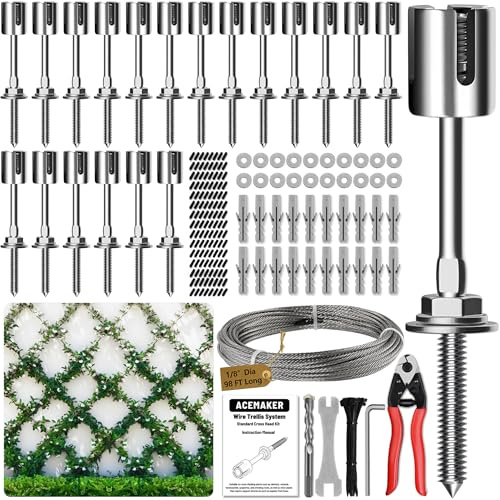 Acemaker Drahtspalier für Kletterpflanzen im Freien, 20 Sets, robustes Wanddraht-Rankgitter-Set mit 30 m Drahtseil, T316 Edelstahl-Wandspalier-Set, Spalier-Kabelspalier-System