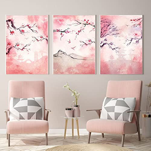 TANYANG Japonais Sakura Poster Prints Rose Aquarelle Cerisier Fleur 3 Pièces Toile Peinture Mur Art Image Esthétique Salon Décoration 40Cmx60Cmx3Pcs Sans Cadre