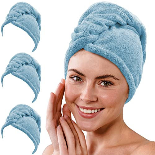 Gräfenstayn Uppsättning av 3 hårturban mikrofiber med 2 knappar – turbanhandduk snabbtorkande och absorberande – hårhandduk kort och långt hår, huvudhandduk med knapp (ljusblå)