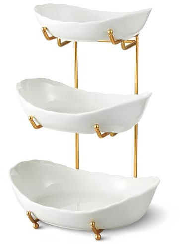 HOMKULA Ceramic Fruit Bowl for Kitchen Counter - 3 Tier Fruit Basket with Metal Stand, Tiered Fruit Stand for Countertop, Snack, Nuts, Cake, Dessert, Cute (Gold, Small) 1