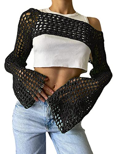 Bnigung Top Corto da Donna in Maglia all'Uncinetto, Coprispalle Sexy Y2k Scava Fuori Maglione Lavorato a Maglia ritagliato Vedere Attraverso Bikini Copricostume, Nero, M