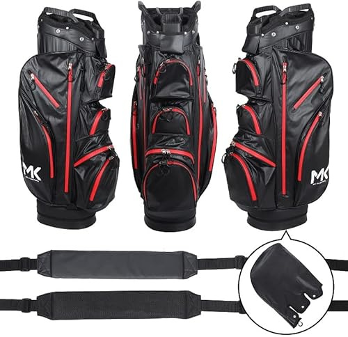MK GolfBag Tour Pro Trolleybag 14 Fächer Getränkekühlfach Golftasche Rot wasserdicht Bag Golf und 12 Golfbälle gratis Paket