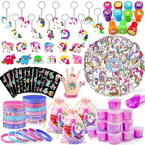 Moltby 134 Stück Einhorn Party Deko Kindergeburtstag Mädchen, Einhorn Geschenk Mitgebsel Kinderparty für Mädchen Geburtstagsdeko mit Silikonarmband Schlüsselanhänger Einhorn Ringe Tattoos
