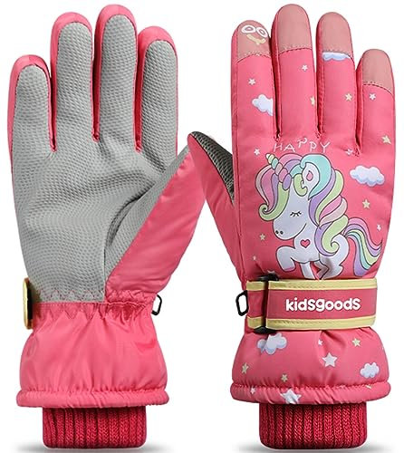 Hjkiopc Kinder Skihandschuhe Wasserdicht Verschleißfeste und Warme Handschuhe Gestrickte Manschetten Gefüttert mit Kaschmir Verstellbare Größe mit Klettverschluss,6-12Jahre alte Kinder(Rot-Einhorn)