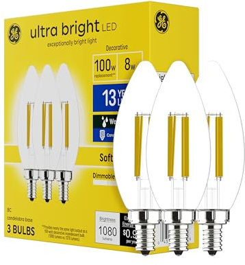 GE Ultra Bright LED Light Bulbs, 100W, Soft White Candle Lights, Clear Decorative B12 Light Bulbs (3 Pack)