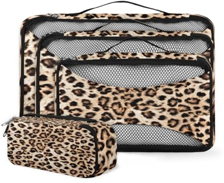 Cubi da imballaggio per valigia, stampa animalier, organizer da viaggio con stampa leopardata per articoli da toeletta, set da 4 pezzi, diverse dimensioni