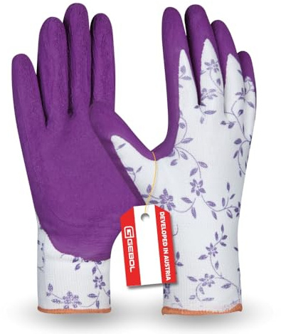 Gebol Flower Lila, 1 Paar Damen Gartenhandschuhe, Arbeitshandschuhe mit Blumenmuster, weiche Latex Beschichtung für guten Grip, für Damen, Gr. XS/6, lila