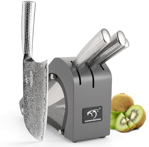 NANFANG BROTHERS Damaskus Küchenmesser Set VG10 Stahl 67 Lagen Superior, Damaskus Kochmesser mit gehämmerten Griffen und Holzblock-Grau