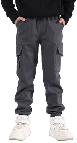 SERENYOU Boys Cargo Pants Kids Elastic Waist Cargo Joggers Boy's Cargo Trousers with Multi Pockets Grey 13-14 Years (manufacturers's Size: 170)