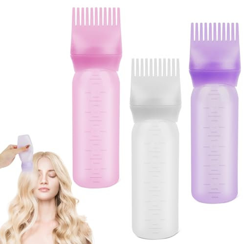 UKOFEW 3 Stück Haaröl Applikator，160 ml Applikator Flasche Haare mit Abgestufter Skala,Hair Oil Applicator Bottle,Wurzelkamm-Applikatorflasche für Hair Oiling Haar Colorationen (Weiß, Lila, Rosa)