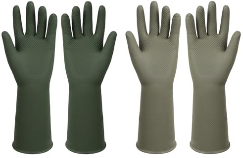 ZUIMER Rubber Dishwashing Gloves Reusable Kitchen Gloves 2 Pairs Long Lasting Non-Slip Cleaning Gloves (Dark Green and Grey, S)