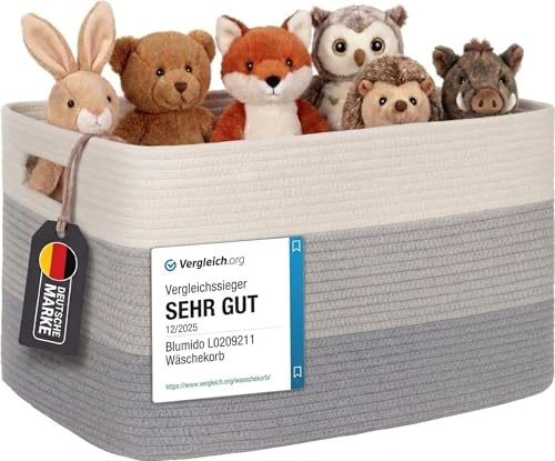 Wäschekorb Geflochten Groß TESTSIEGER aus Baumwollseil, 72L Aufbewahrungskorb mit Griff, Korb für Decken, Laundry Basket für Kleidung, Spielzeug, Kinderzimmer, 55 x 43 x 30 cm, Farbverlauf Grau