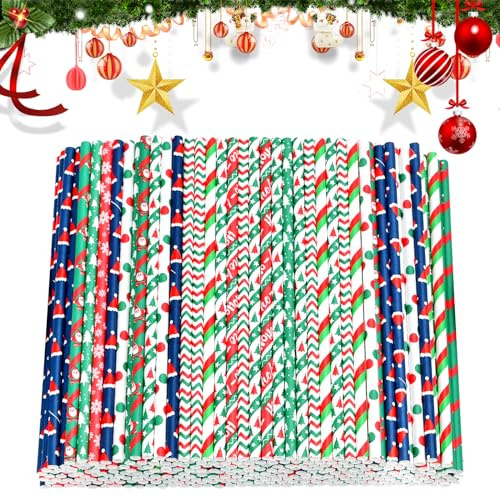 Satiskid 300 Pcs Christmas Paper Straws 12 Styles Christmas Disposable Drinking Paper Straws Red Green White Gold Biodegradable Party Cocktail Paper Straws for Christmas Party Favor