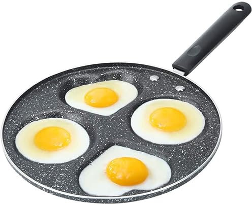 Egg Frying Pan with 4 Holes | Pancake & Omelet Cooker | Heart Shaped Egg Poacher | Round Crepe Pan | Non-Stick Frying Pan Wok for Breakfast Essentials
