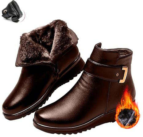 POIOZXD Botas de mujer con hebilla de metal de cuero genuino y lana ortopédica, botas de invierno cálidas antideslizantes forradas de felpa con cremallera lateral para mujer de mediana edad