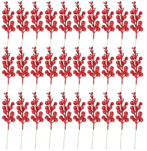 Zilimontt 30 ramas de bayas artificiales con purpurina para Navidad, bayas de acebo rojas artificiales, tallo de ramita de bayas, bayas artificiales (rojo)