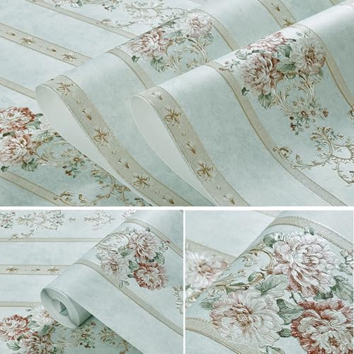 SPeesy Papier Peint Intissé Floral Bleu/Vert Vintage Fleurs Papier Peint Adhesif Mural Retro Fleuri Autocollant Papier Contact Vinyle Amovible for Décoration Murale Chambre(15,53x1000cm/20.8x393.7in)