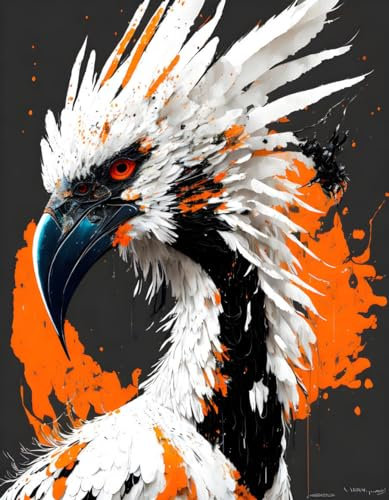 XcBAIHOUD Wandbild ohne Rahmen, 58 x 90 cm, Leinwandbild, Weiß, Schwarz und Orange, prächtigster Sekretär-Vogel, Poster