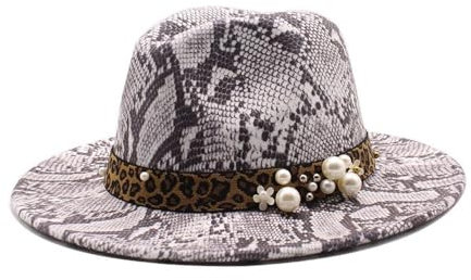 Jiaxu-Hüte Pearl Accessories Wollzylinder Britischer Filzhut im Schlangenhaut-Muster Retro-Jazzhut(Weiß)