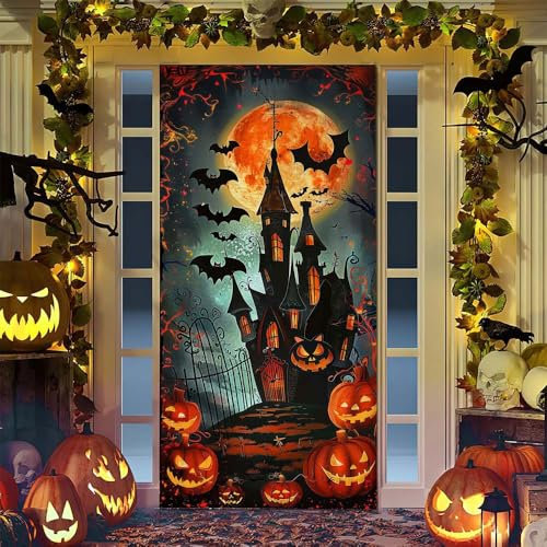 Hixingo Pancarta de Decoración de Puerta de Halloween, Cubierta de Puerta de Halloween, Pancarta de Puerta Póster de Colgante Ventana de Halloween (90x200cm,Castillo Antiguo)