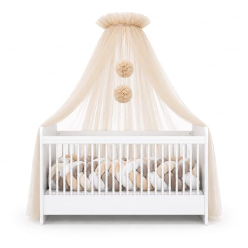 Ciel de Lit Bébé en Tulle - Moustiquaire et Décoration de Chambre d'Enfant - Baldaquin 165 cm de Long Avec Pompons
