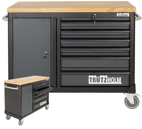 TRUTZHOLM Werkstattwagen Deluxe 6 Schubladen + Tür leer Werkzeugwagen, Rollwagen, Assistent | Arbeitsfläche 108x46,5cm Massivholz Arbeitsfläche (anthrazit/grau)
