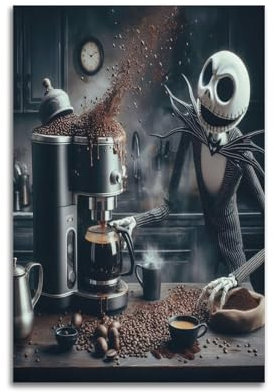 ZCJYMX Halloween Poster Unique Funny Funny Skeleton Man Making Coffee Marvel Poster Decorative Painting Canvas Wall Posters for Bedroom Decor And Art Picture Print Modern Family 08x12inch(20x30cm)