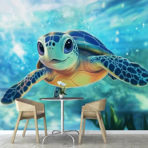 Papel Pintado Pared 3D Papel Tapiz， Tortuga Dibujos Animados Aguas Profundas Animales Abstractos tejido seda Fotomurales 3D Papel Pintado Pared Dormitorio Murales Wallpaper 300×210cm
