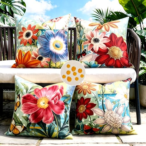 Dorunfeey 4 Stück Wasserfest Kissenbezug Outdoor Dekorative 40 x 40 cm Bunte Blumen Wasserdicht Kissenhülle Deko Sofakissen Couchkissen Zierkissenbezüge für Sofa Wohnzimmer Balkon Garten Auto