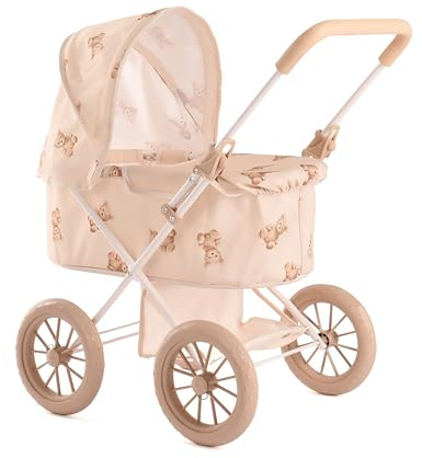 Roma Teddy My First Dolls Pram – babydocktillbehör med teddydesign, metallram, säkerhetsbälte, passar dockor upp till 55 cm, 55 cm handtag, beige, åldrar 2+, robust design med 4 hjul